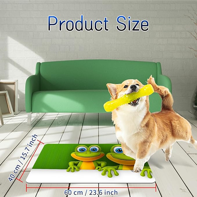 Dog Food Mat, 15.7" x 23.6" Absorbent Pet Feeding Mat for Food and Water, Waterproof Diatom Mud Pet Placemat with Non-Slip Rubber Backing, Easy Clean Cat Bowl Mat for Floors - Green Frog