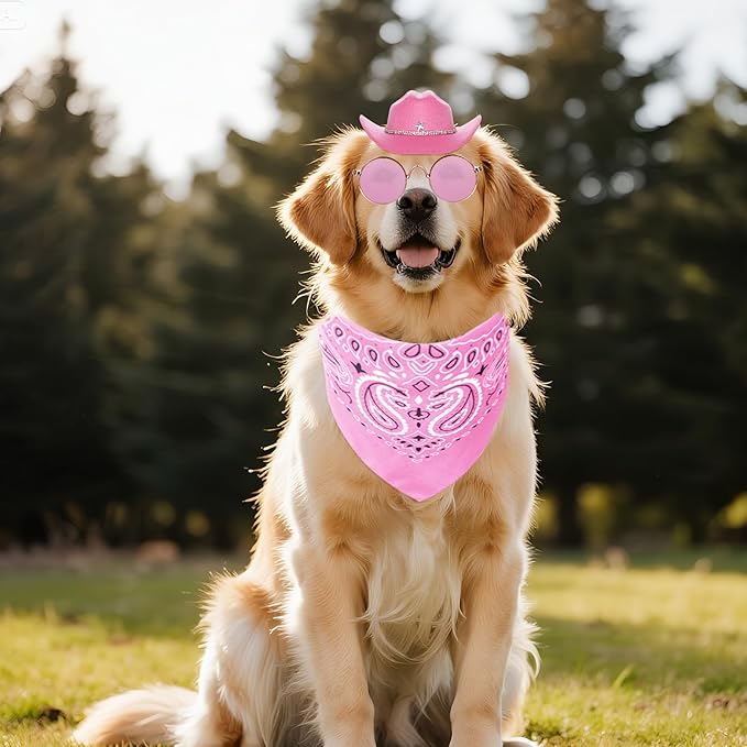3 Pcs Pet Cowboy Costume Cowboy Hat Bandanas with Sunglasses for Cats and Dogs for Halloween Christmas Holiday Party Cosplay (Pink)