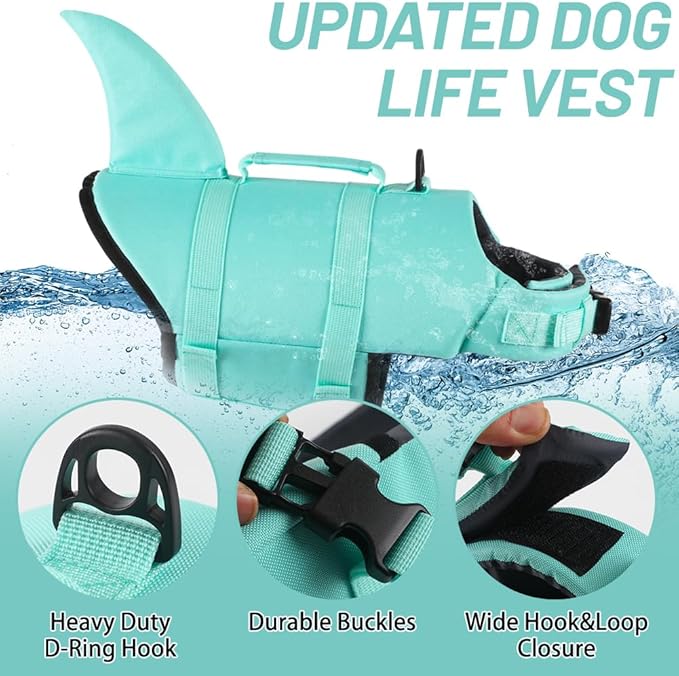 EMUST Dog Life Vests, Pet Floats for Swimming, Boat, Pool, Ripstop Dog Life Jacket with High Buoyancy and Lift Handle for Small and Medium Breeds, (M,SolidTurquoise)