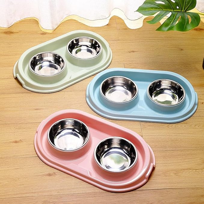 Double Dog Cat Food Bowls, Stainless Steel Pet Bowls Dog Water Bowls with No-Spill and Non-Skid PP Station, Food Water Feeder for Cats and Small Dogs