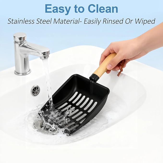 Cat Litter Scoop, Metal Litter Scoop, Heavy Duty Metal Cat Scooper for Litter Box, Black Sifter Scoop for Pellets, Wooden Handle Scoop with Hole, Kitty Necessity (Cat Litter Scoop Short)