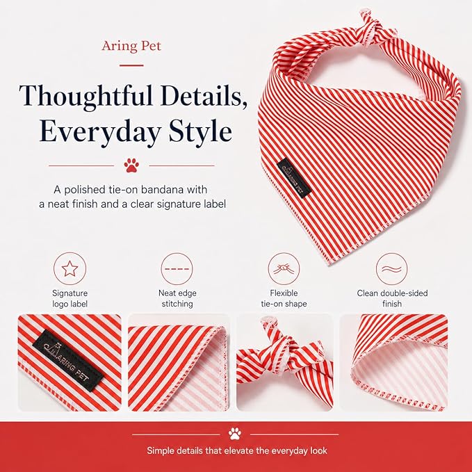 ARING PET Stripe Dog Bandanas, Cute Red Pet Bandana Scarf Triangle Bib for Small Medium Large Boy Girl Dogs Cats, Puppy Kerchief for Daily Wear Walks Party Photos-S