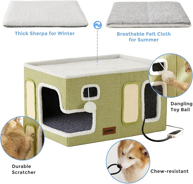 ZOMISIA Heated Cat House for Indoor Cats - Large Cat Warming Bed for Winter with Fluffy Ball Hanging and Adjustable Heating Pad, Foldable Cat Hideaway,23x16.5x13 inches, Grey