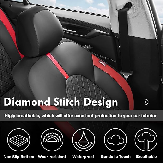 Coverado Car Seat Covers Front Seats, Car Seat Cover, Car Seat Protector Waterproof, Car Seat Cushion Red Seat Covers Carseat Cover Universal Fit for Most Cars