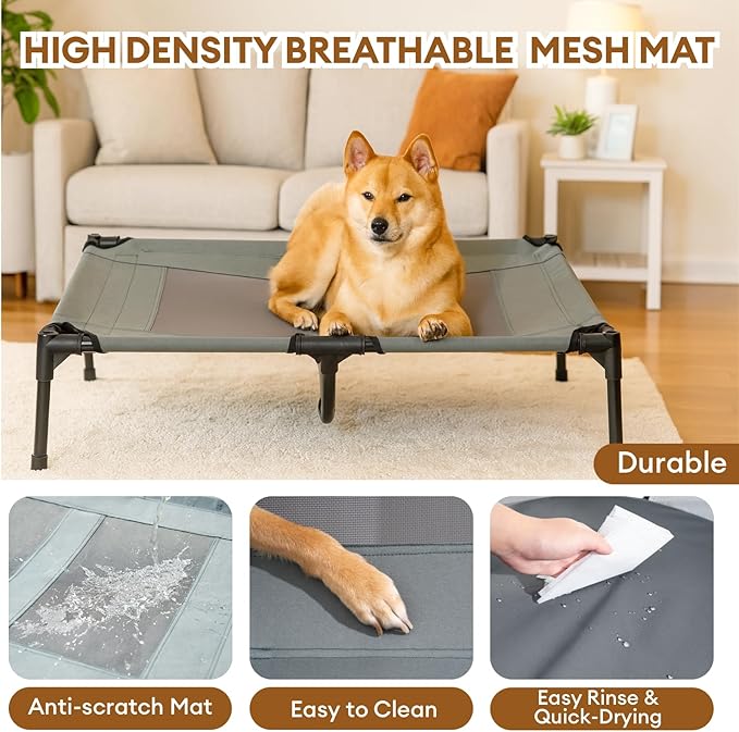 FUNNY FUZZY Elevated Dog Bed with Canopy,Grey, X-Large(48"x36"x9")–Outdoor Pet Cot with UV Protection, Breathable Mesh for Cooling, Indoor & Outdoor Use for Dogs up to 120 lbs