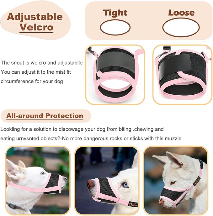 HEELE Dog Muzzle,Soft Nylon Muzzle Anti Biting Barking Chewing,Air Mesh Breathable Drinkable Adjustable Loop Pets Muzzle for Small Medium Large Dogs 4 Colors 4 Sizes (Pink, XL)