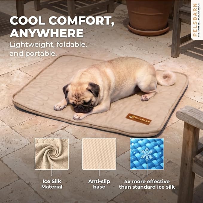 Pelsbarn Dog Cooling Mat- Ice Silk Summer Comfort, Self Cooling, Non-Slip Dog Pad, Durable & Washable, Mat for Small Dogs 18 x 21, Support Shelter Dogs with Every Purchase (Beige)