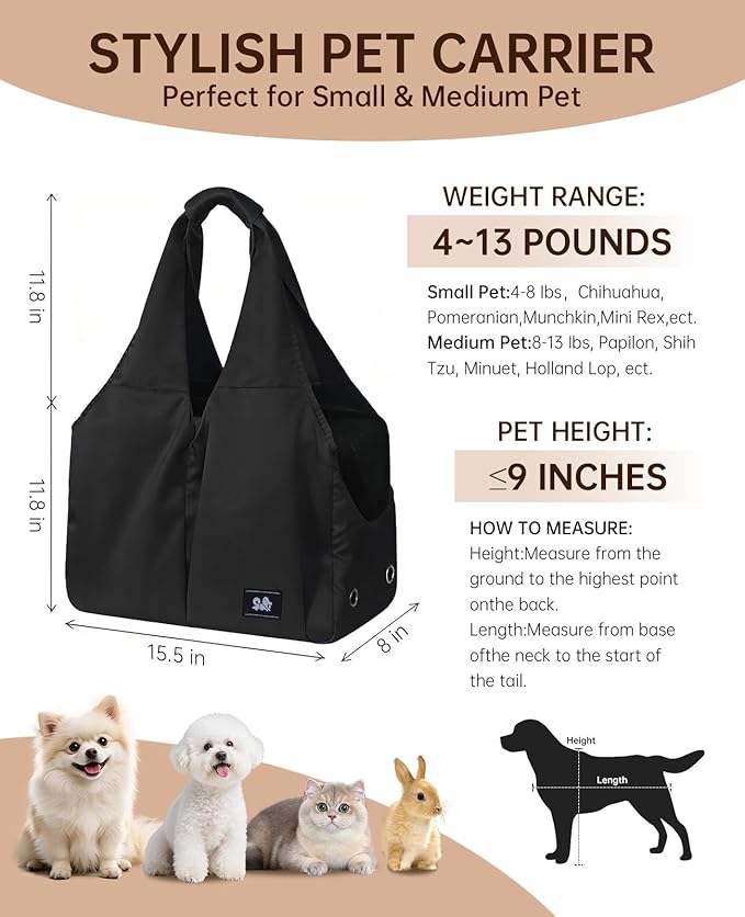 Dog Purse Carrier for Small Dogs Cats & Puppies, Soft-Sided Collapsible Pet Bag with 4 Large Pockets & Support Cushion, Breathable Lightweight Travel Carrier Fits Pets up to 13 lbs, Black