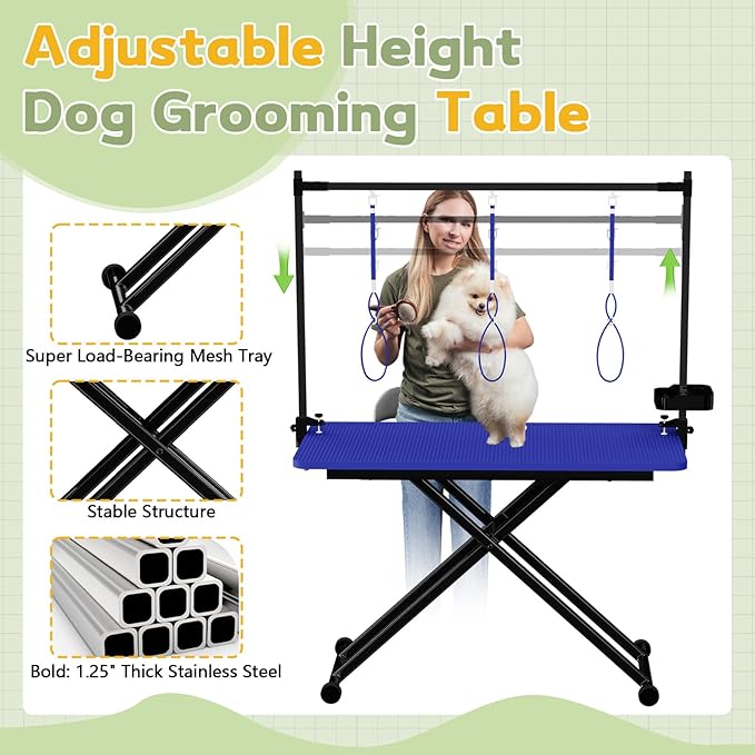 Professional Dog Pet Grooming Table Adjustable Heavy Duty Portable w/Arm & Noose & Mesh Tray (46", Blue)