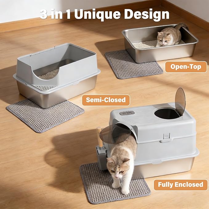 Stainless Steel Litter Box with Lid, XL Large Enclosed Cat Litter Box for Big Cats, Metal Cat Litter Box with High Sided, Anti-Leakage,Front & Top Entry,Includes Mat & Scoop