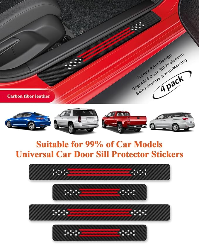 4Pcs Car Door Sill Protector, Carbon Fiber Anti-Scratch & Waterproof Stars and Stripes Front & Rear Door Sills Scratch Protection Universal Car Threshold Accessories for Cars SUV Truck
