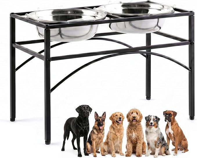 Funkeen Elevated Dog Bowls Raised Pet Feeder Cat Food & Water Diner Stand Set w/ 2 Removable Stainless Steel Bowls (2 Quarts/13.77" in Height)