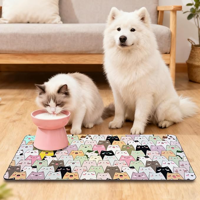 Cute Cat Food Mat Pet Feeding Placemat Colorful Cartoon Cat Pattern Rectangle Diatomaceous Earth Absorbent Quick Dry Pet Mat Protect Floors for Food and Water Bowl Supplies 20 x 12 Inch