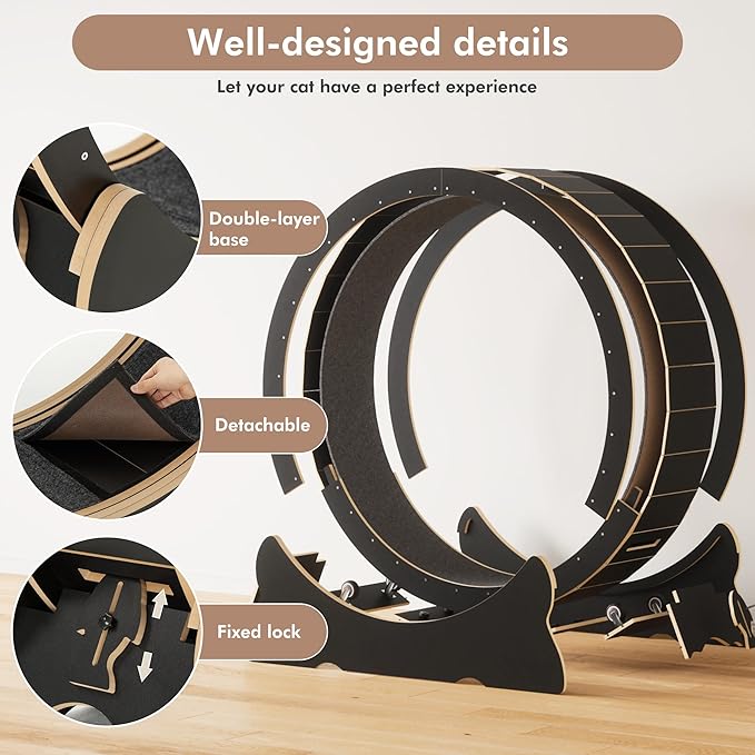 Mondeer Cat Exercise Wheel, 46'' Cat Wheel for Indoor Cats with Carpeted Runway, XL Treadmill with Removable Carpet and Teaser, for Running Walking Training (Black)