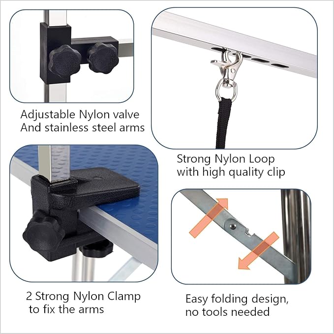 Pet Dog Grooming Table, Adjustable Large Heavy Duty Professional Foldable Trimming Stage with Arms, Noose, Mesh Tray, Maximum Capacity Up to 330LBS, 46''/Blue