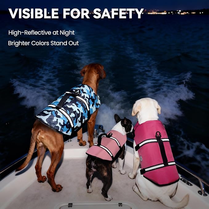 VIVAGLORY Rip Stop Dog Life Vest, Swimming Vest with Handle, Buoyancy for Doggy Puppy, Dog Life Jacket for Swimming & Boating, L, Camo Blue