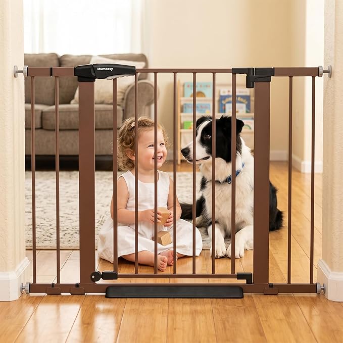 Baby Gate with Door, 26-40" Auto Close Dog Gate Indoor for Stairs Doorways, Easy Install Pressure Mounted Pet Gate, Easy Walk Through Child Safety Gate for the House, Brown