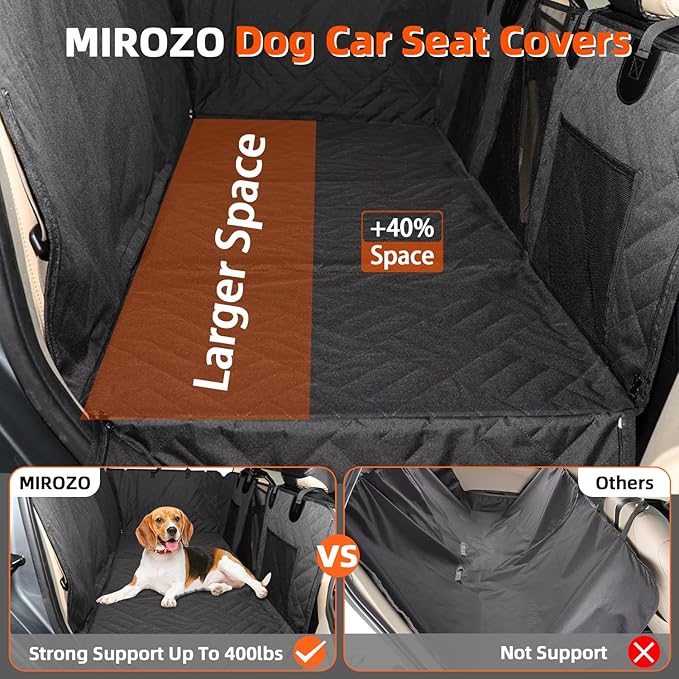 MIROZO Dog Car Seat Cover for Back Seat, 600D Heavy Duty Back Seat Extender for Dogs,Waterproof Pet Seat Protector with 3-Fold Bottom, Large Space Travel Bed Extender for Mid-Size SUV & Small Truck
