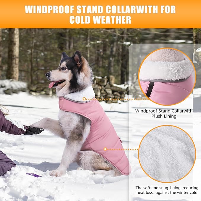 Dog Winter Coat for Extra Large Dogs, Easy on 3XL Dog Snow Jacket Velcro Waterproof Pet Puffer Clothes with Harness Hole Adjustable Reflective Quilted Pet Cold Weather Vest for Girl Female