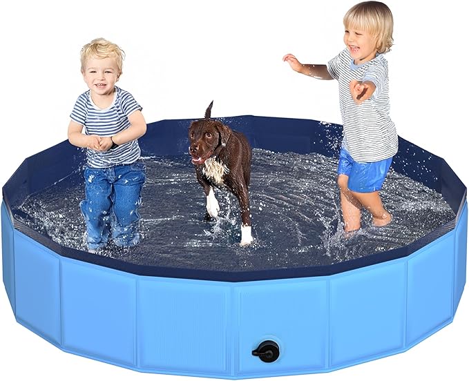 CACSPS 63" x 12" Foldable Dog Pool - Collapsible Hard Plastic Kiddie Pool for Dogs & Kids, Non-Slip Pet Bath Tub for Outdoor Backyard Use, Lightweight & Portable (Blue)