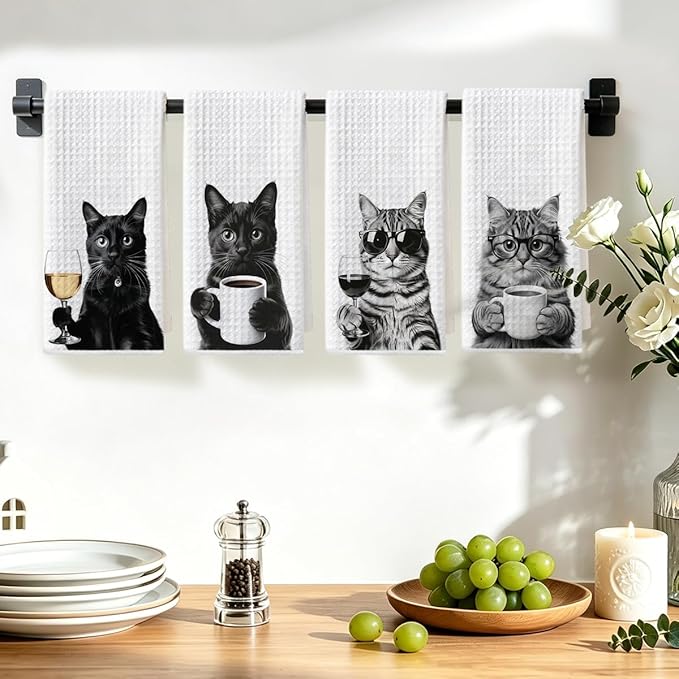 4 Pcs Funny Cat Kitchen Towels 24x14 Inch, Funny Reusable Dish Towels for Kitchen Coffee Station Wine Bar Decor, Waffle Weave Absorbent Hand Cloth Tea Towel, Cat Lover Gifts for Women Mom Friend