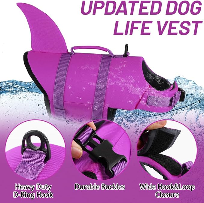 EMUST Shark Life Jackets for Dogs, Adjustable Ripstop Dog Life Vest for Water Safety Pet Life Vest with Rescue Handle Safety Vest for Swimming Pool Beach Boating, (L,SolidRosepink)