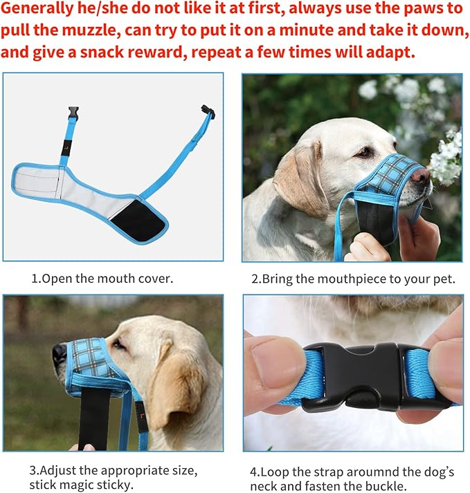 HEELE Dog Muzzle,Soft Nylon Muzzle Anti Biting Barking Chewing,Air Mesh Breathable Drinkable Adjustable Loop Pets Muzzle for Small Medium Large Dogs 4 Colors 4 Sizes (P-Blue Plaid, M)