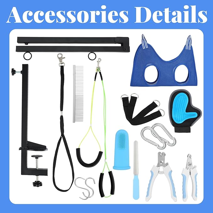 13 Pcs Adjustable Dog Grooming Arm with Clamps, Adjustable Height 27"-37", Pet Grooming Stand with Hammock and No-sit Haunch Holders, Ideal Set for Small & Medium Dogs at Home or Salons