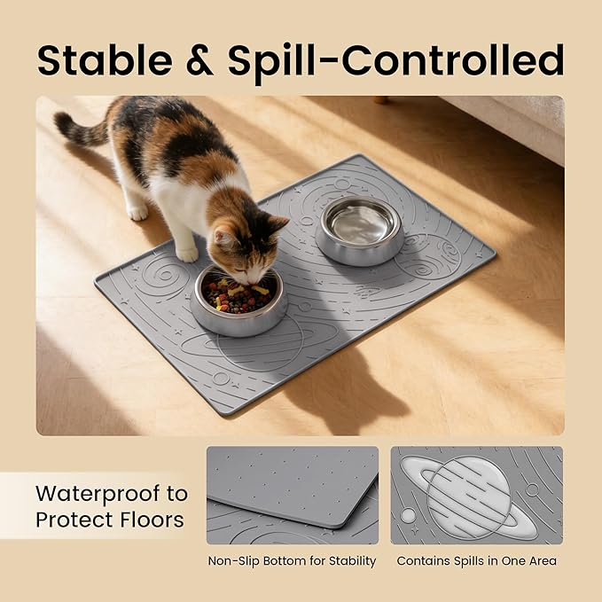 OHMO Dog Food Mat, Silicone Waterproof Cat Food Mat, Non-Skid Spill Proof Pet Feeding Mat for Food and Water, Easy to Clean Dog Placemat(Grey, 18.9" x 11.8")