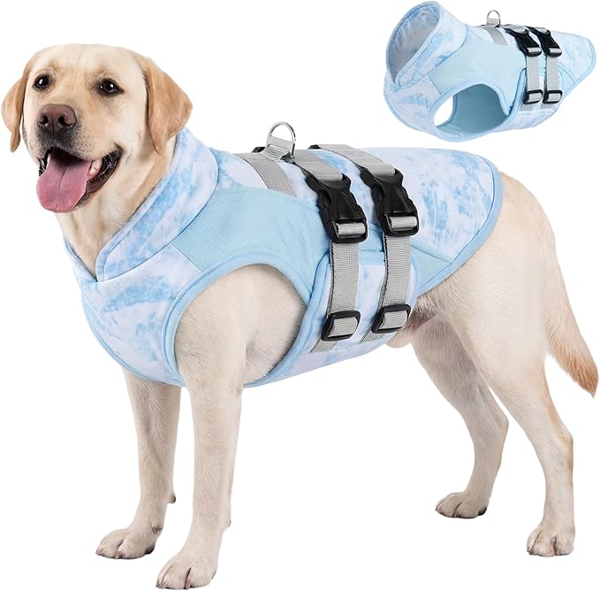 DORA BRIDAL Dog Cooling Vest for Summer, Lightweight Breathable Mesh Cooling Jacket with Harness, Soft Pet Cooler Shirt for Large Dogs, UV Protection for Beach Hiking Walking -XL, Blue