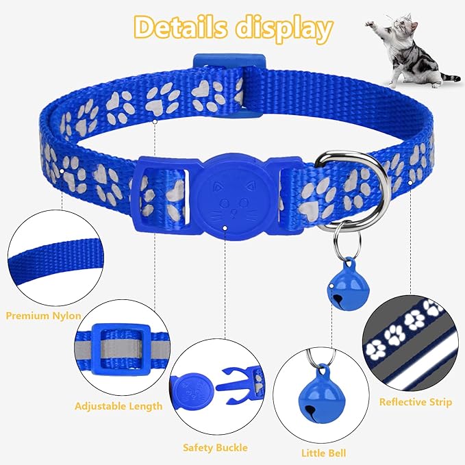 Taglory Kitten Collar Breakaway with Bell, Reflective Soft Cat Collar for Small Kittens, Adjustable 6-8 Inch High Visibility Night Strip, Lightweight for 2-6 Months Baby Cats, 2 Pack, NavyBlue