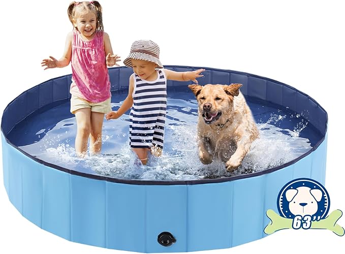 Eooqi Foldable Dog Pool, Portable Pet Bath Tub and Kiddie Swimming Pool, Collapsible Bathtub for Puppies, Small, Medium and Large Dogs, Cats and Kids, 63 x 12 in, Blue