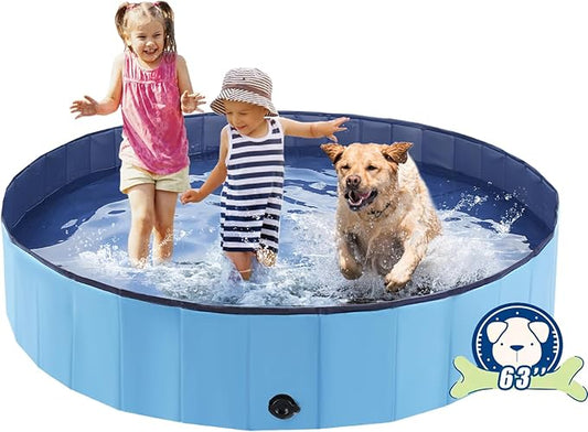Eooqi Foldable Dog Pool, Portable Pet Bath Tub and Kiddie Swimming Pool, Collapsible Bathtub for Puppies, Small, Medium and Large Dogs, Cats and Kids, 63 x 12 in, Blue
