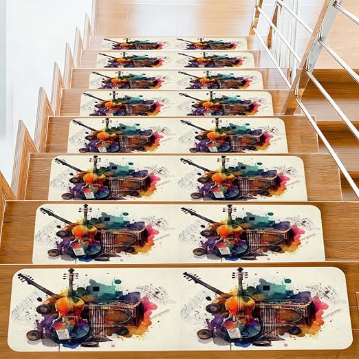Colorful Musical Instrument Violin Stair Treads for Wooden Steps Indoor Washable Staircase Carpet 10PCS 30"x7.8" Stair Step Treads Non-Slip Staircase Covers Peel Stick Safety Mat for Kids Elders Pets