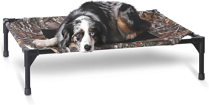K&H Outdoor Elevated Dog Bed - Cooling Raised Dog Bed for Small & Medium Pets, Breathable Mesh Center Hammock Design, Indoor/Outdoor Washable Cover, Portable Metal Frame, Camo, Medium 32x25in