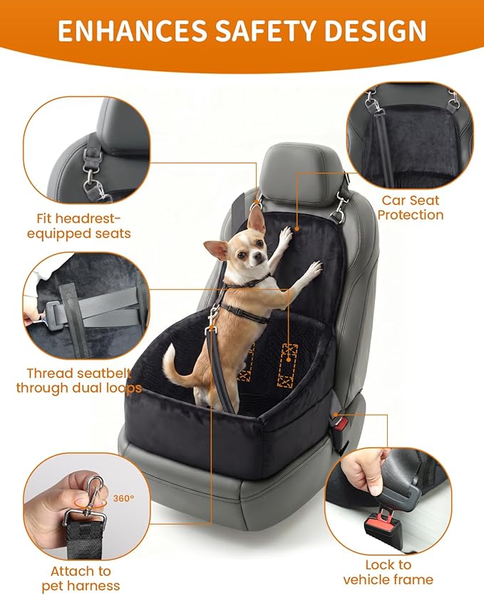 NUPIDA Dog Car Seat for Small Medium Dogs, Dog Booster Seat with Extendable Backrest, Pet Portable Car Seats up to 30 lbs, Washable Travel Bed with Storage Pockets and 2 Safety Leashes, Black