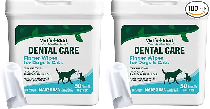 Vet's Best Finger Dental Wipes for Dogs & Cats–Oral Care Wipes for Teeth Cleaning, Fresh Breath, and Tartar Control – Gentle Finger Pads for Pet Dental Hygiene and Plaque Removal,50 Count(Pack of 2)