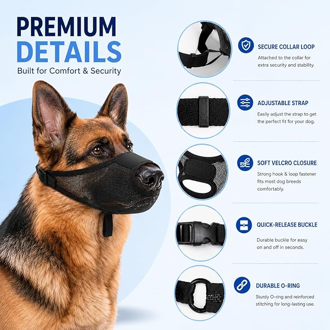 Dog Muzzle, Soft Air Mesh Muzzles for Large Sized Dogs, Breathable Dog Mussels for Scavenging Biting Licking & Barking, Adjustable Mouth Guard with Front Opening, Allows Panting and Drinking (Black,L)