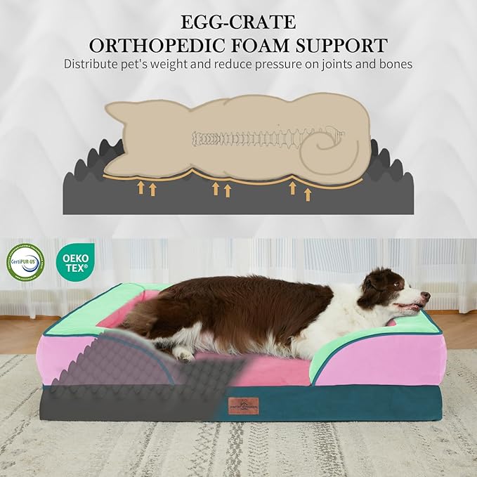 Comfort Expression Orthopedic Dog Bed for Extra Large Dogs 42x30 Inch, Waterproof Egg Crate Foam XL Pet Bed with Bolsters, Dog Couch with Washable Cover & Non-Slip Bottom, Mint-Berry Dream