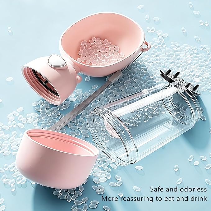 2-in-1 Dog Water Bottle, 400ML Water + 200ML Food Leak-Proof Pet Travel Water Dispenser with Detachable Bowl, BPA-Free Portable Dog Water Bottle for Walking, Hiking, Travel (Pink)