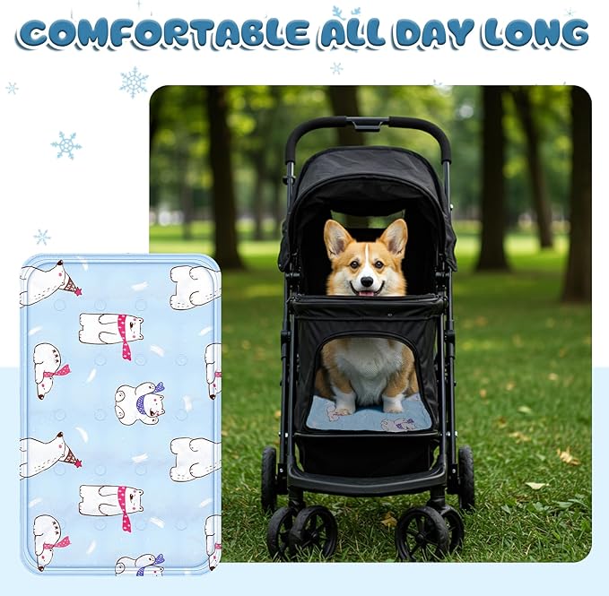 Nuanchu Dog Stroller Cooling Mat, Waterproof Gel Pet Cooling Pad for Summer, Washable Cat Sleeping Blanket, Portable Ice Gel Travel Mat for Cats, Crates, Car Seat(11.81 x 19.69 Inches,Colorful Bear)