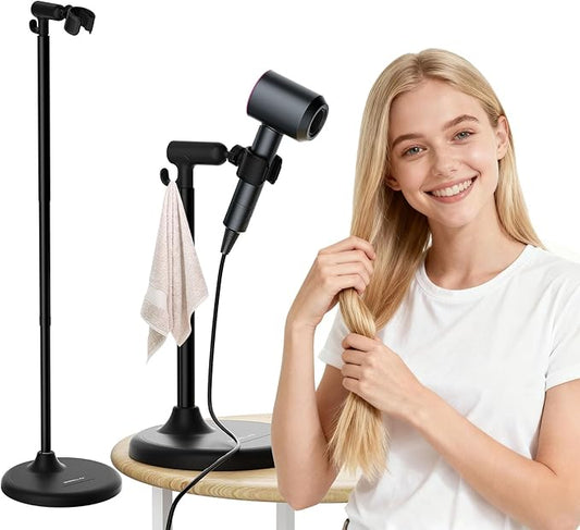 Hair Dryer Stand with 360 Rotating Head, Hands Free, Large Hook,Heavy Duty Base, Adjustable Height, TPU Padded Clip, Aluminum Alloy Holder for Home or Salon (Black)