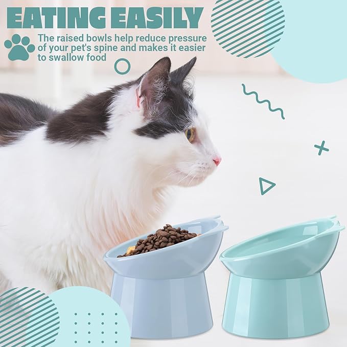 Zhehao 2 Pcs Elevated Cat Bowl Set, Tilted 15° Plastic Raised Food and Water Bowls Anti Vomit Pet Feeding Dishes for Indoor Cats/Small Dogs(Cat Ears,Light Green, Blue)