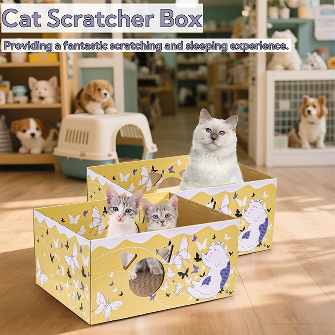 Tlence 2 Pack Cardboard Cat Scratcher Box, Butterfly Pattern Cat Hideaway House with Double-Sided Scratch Pads, 16.5 Inch Heavy Duty Large Cat Bed Lounger for Indoor Cats