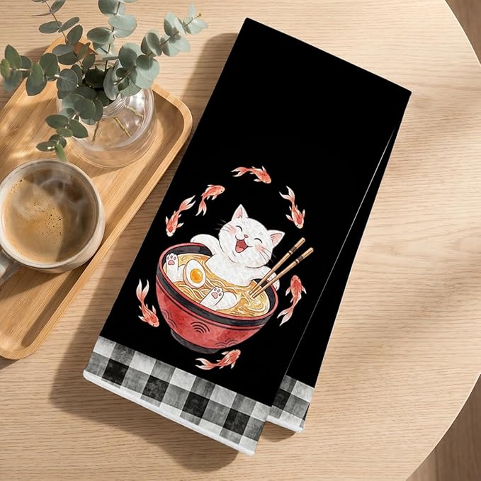 2 Pcs Funny Japanese Cat Eating Ramen Kitchen Towels 24x14 Inch, Japanese Reusable Dish Towels for Kitchen Bathroom Decor, Waffle Weave Absorbent Tea Towel, Cute Cat Lover Gifts for Women Mom Friend