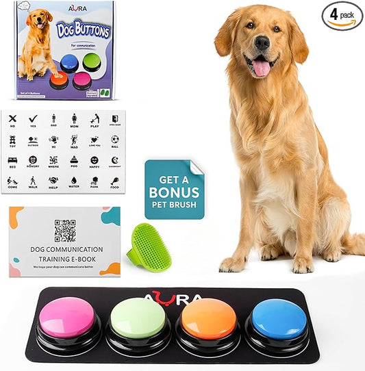 A-URA Dog Talking Buttons for Communication – 4 Recordable Dog Buttons with Anti-Slip Mat, Word Stickers, Training Guide & Video | Dog Communication Buttons for Potty Training, Daily Needs & Behavior