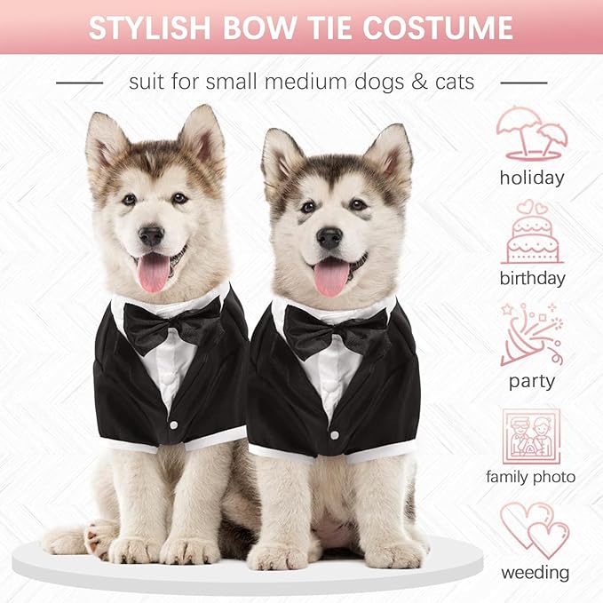 Kuoser Dog Tuxedo, Formal Dog Costume with Bow Tie Pet Wedding Suit Party Birthday Outfit, Dogs Tux Soft Shirt for Valentines Christmas Halloween Graduation Cosplay, Black S
