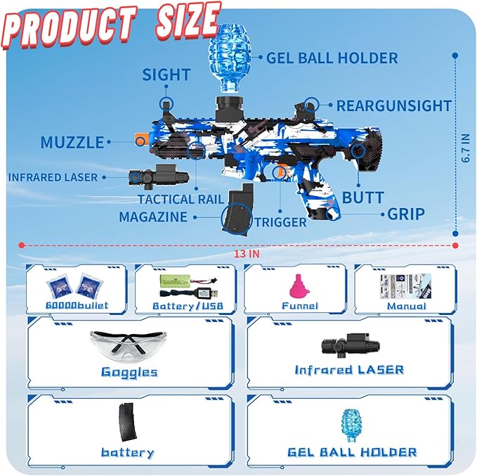 Electric Gel Ball Blaster, High Speed Automatic Splatter Ball Blaster with 60000+ and Goggles, JIFTOK Rechargeable Splatter Ball Toys for Outdoor Activities Shooting Game Party Favors-Blue