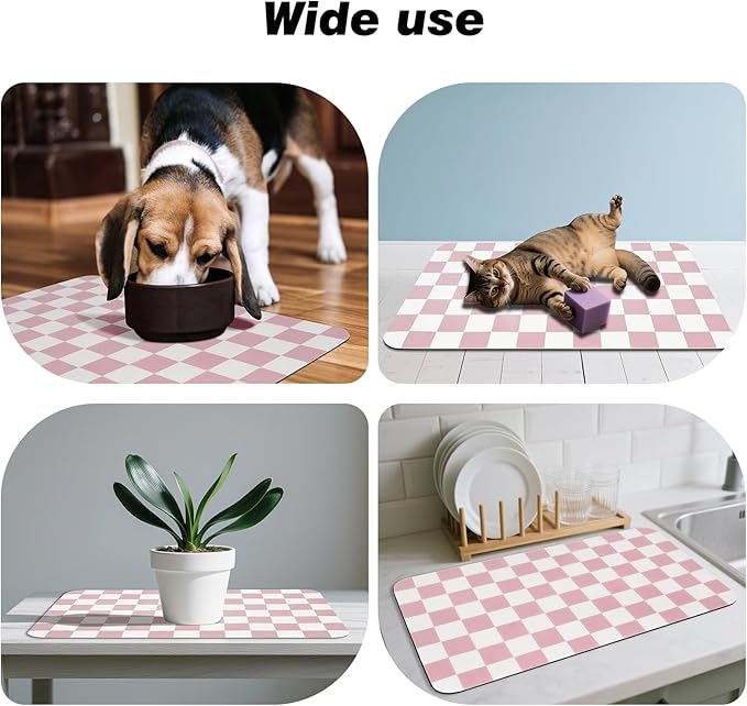 CooRug Checkered Dog Food Mat, Absorbent Leak-Proof Pet Feeding Mat, Quick Dry Cat Food Mat for Messy Drinkers 12" x 20" Pink