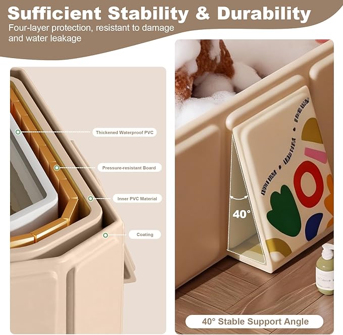 Foldable Dog Bathtub for Small to Medium Dogs & Cats, Collapsible Pet Bath Tub with Side Drain Plug, Portable Puppy Wash Tub, Rigid Panels, Fold-Flat for Carry & Storage